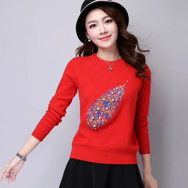 

Autumn winter women fashion feather embroidery knitted pullover sweaters long sleeve round neck casual slim sweater