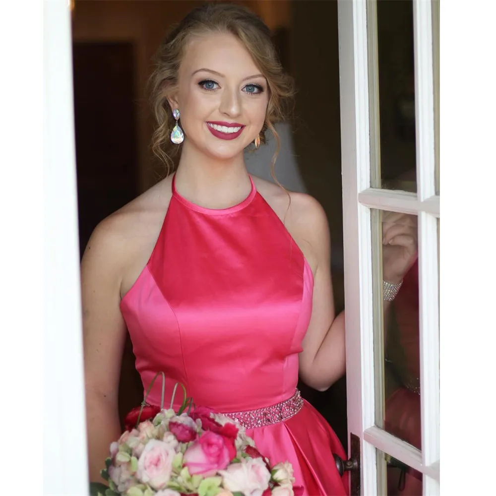 HONGFUYU Elegant Satin Halter Ball Gown Prom Dresses Long Beaded Belt Formal Occasion Gowns Party with Pockets Evening | Свадьбы и