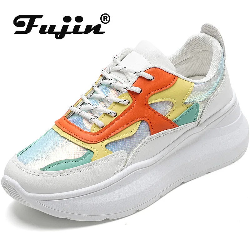 Женские кроссовки на толстой подошве Fujin яркие белые плоской платформе для