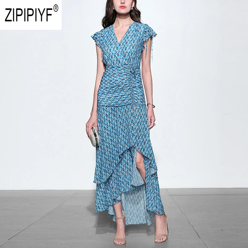 2019 летние модные женские платья с цветочным принтом коротким рукавом завязками