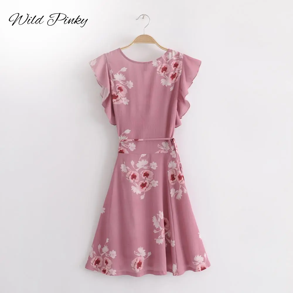 Женское мини платье WildPinky розовое пляжное с бантом и поясом треугольным вырезом