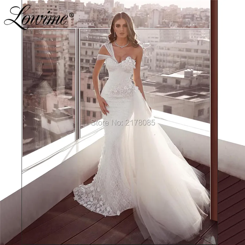 

White One Shoulder Slim Mermaid Wedding Dress Lace Handmade Flowers Bride Dress 2019 With Detachable Skirt Bridal Gowns Wedding