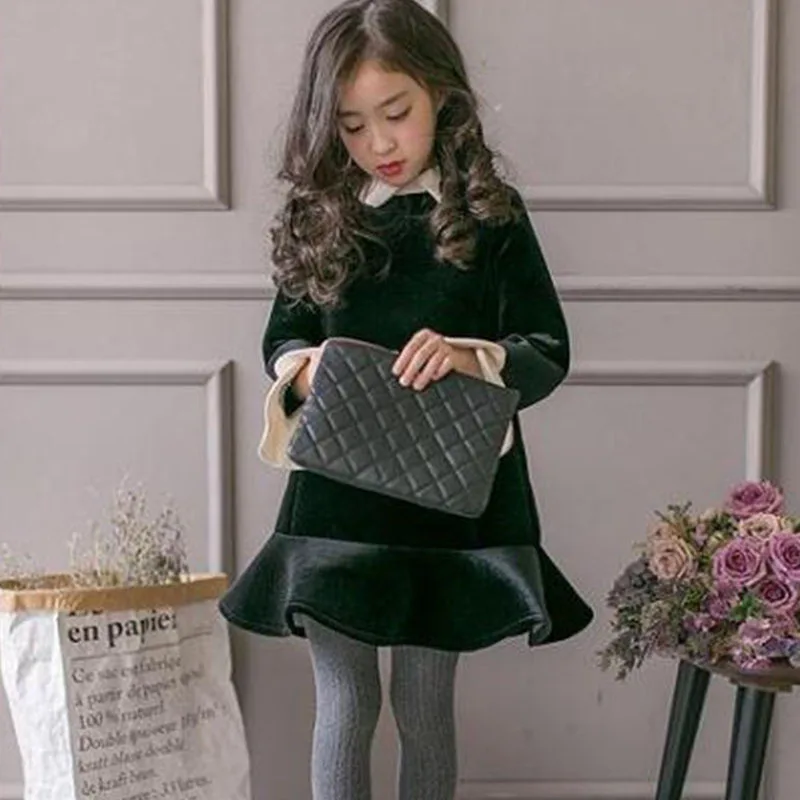 black Корейские Новые Детские платья для девочек, бархатное осеннее базовое платье принцессы для девочек, теплые зимние вечерние Детские велюровые платья на Рождество - Цвет: black