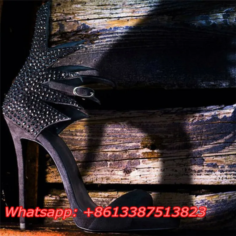 Черный Замши Страз Кристалл Колин Сандалии Peep Toe Платформа Лодыжки Ремень Мелкой