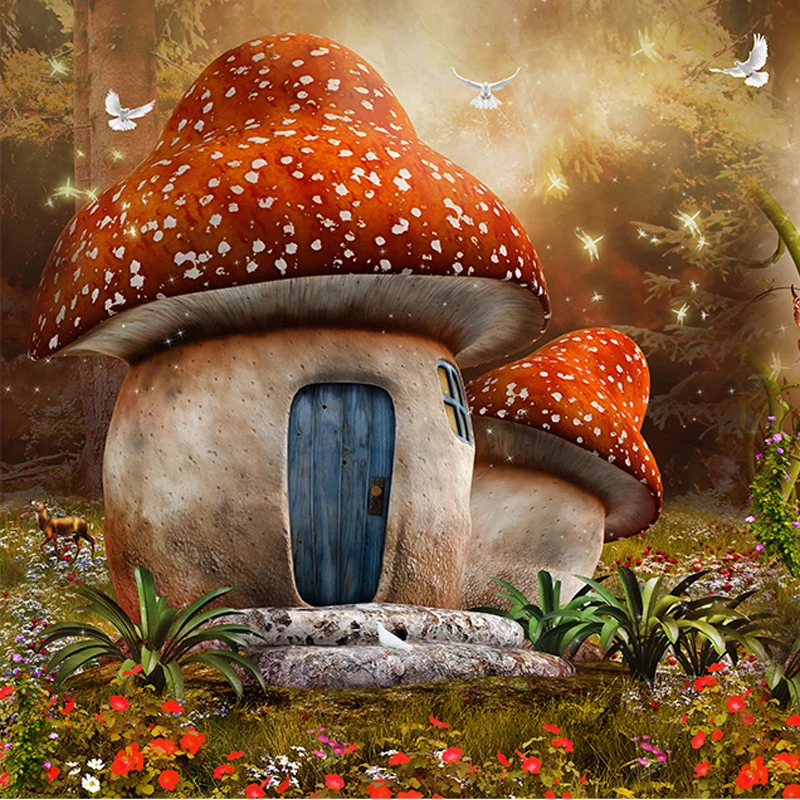 3D обои на заказ мультфильм сказочный мир гриб домик Бабочка цветок Фотофон
