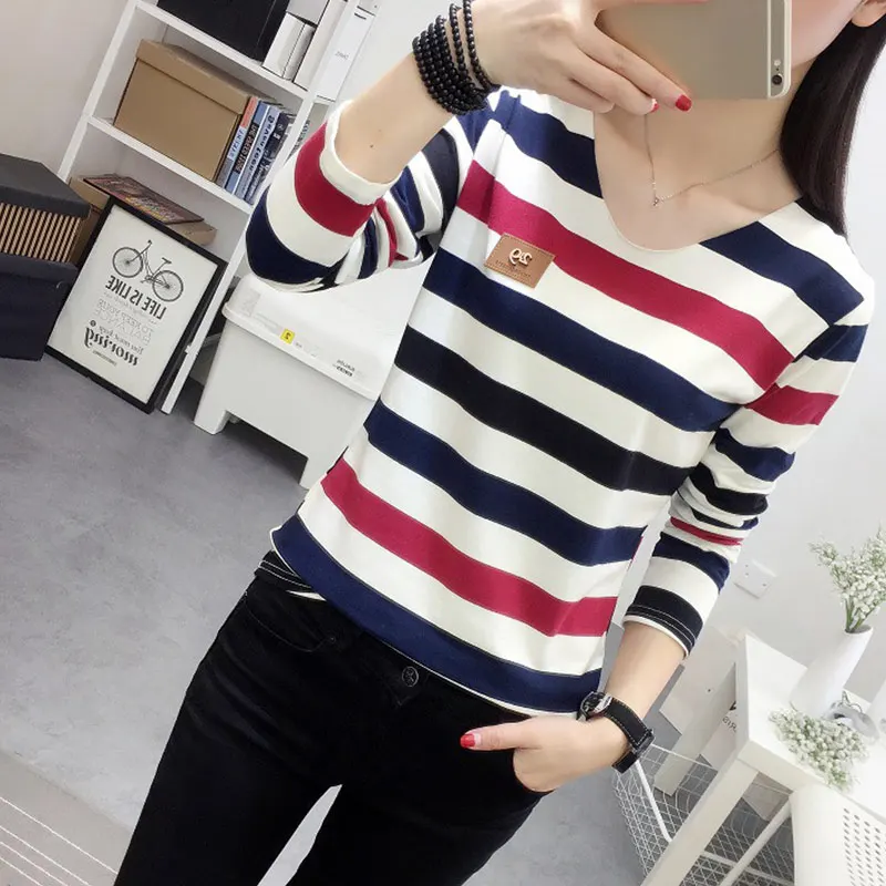 Women Autumn Long Sleeve T-shirt Colored Stripe Lady Loose Fit Cotton Winter Basic Girls Tops t shirts H9 | Женская одежда