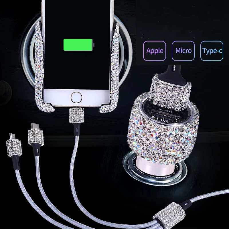Автомобильное зарядное устройство с двумя usb-портами, блестящие стразы ручной работы, хрустальные Автомобильные украшения, 3 в 1, телефонный кабель для быстрой зарядки
