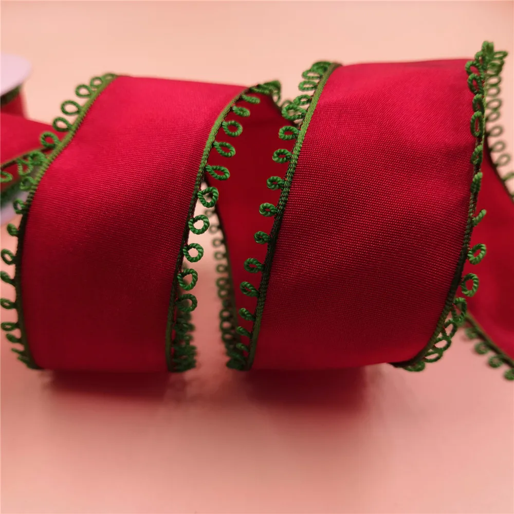 

38mm X 25yards Green Loop Edges Wired Red Taffeta Ribbon. Gift Bow,Wedding,Cake Wrap,Tree Decoration,Wreath N1067