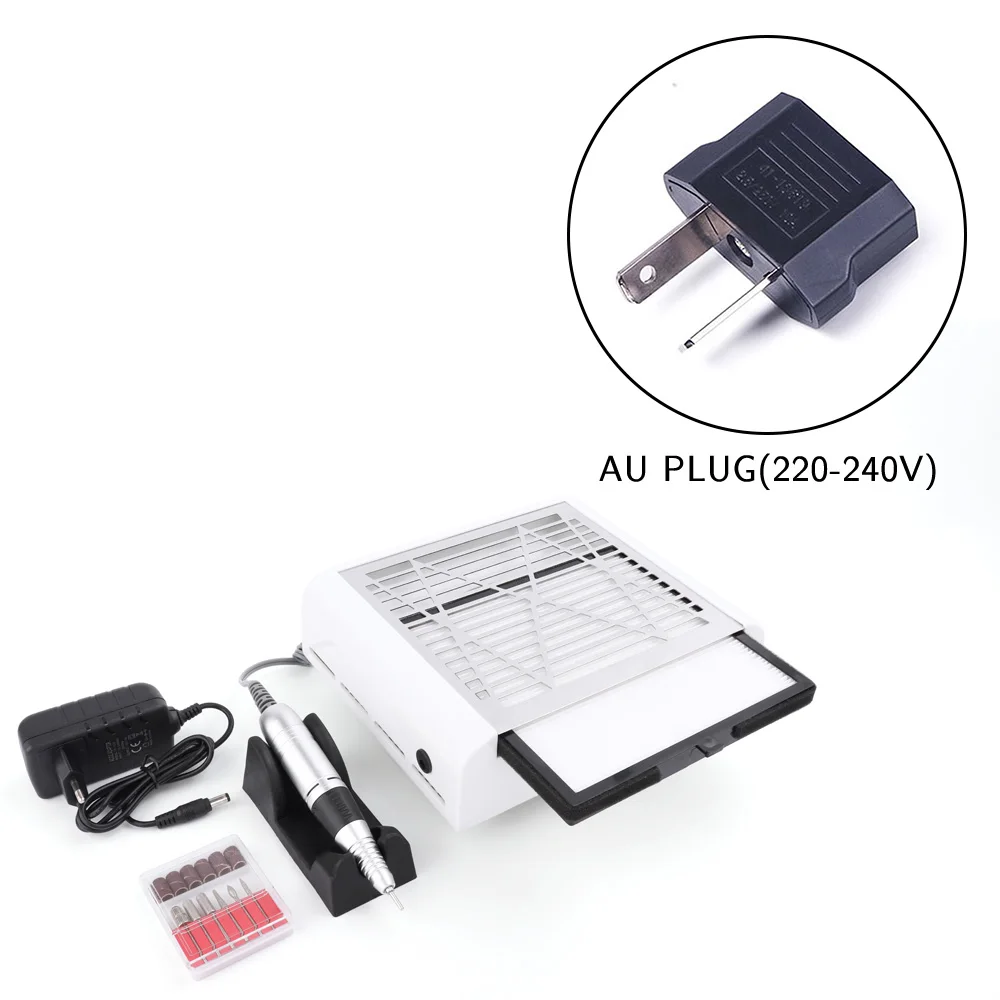 AU Plug 45000 об/мин Электрическая дрель для ногтей, пылеуловитель для ногтей, наконечник, маникюрный аппарат, напильник, набор инструментов для ногтей с сверлами для ногтей, Пыль для ногтей - Цвет: AU Plug