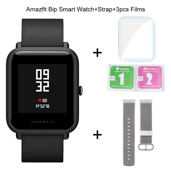 Add 1 Strap 3 Films Оригинальные Смарт-часы Xiaomi Amazfit Bip, фитнес-трекер, gps, умные часы, IP68, водонепроницаемые, 45 дней, срок службы батареи, пульсометр - Цвет: Add 1 Strap 3 Films
