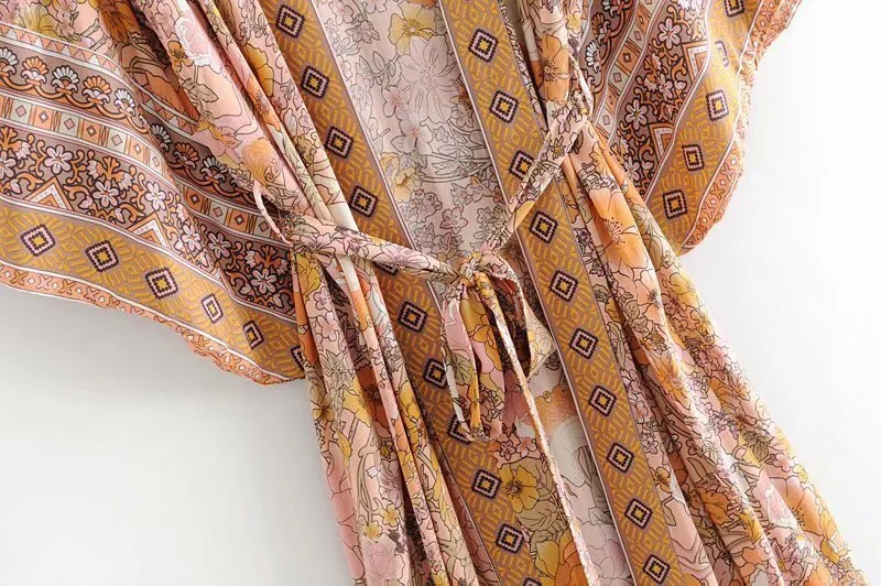 2019 Bohemian Horse Flower Print Long Kimono Shirt Ethnic New Women Lacing up Bow Sashes Cardigan Loose Blouse Holiday Tops | Женская