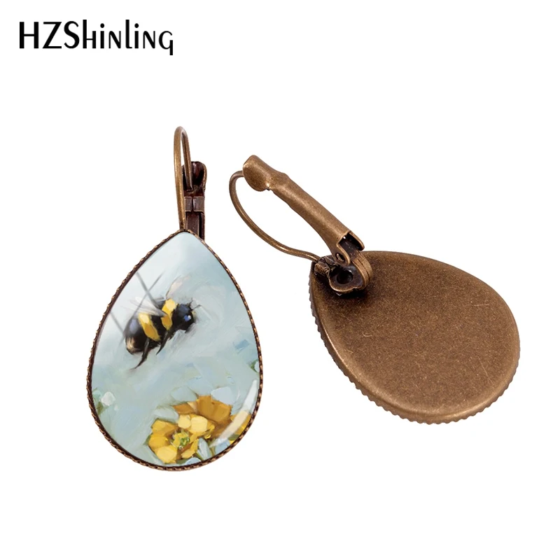 2019 New Bumble Bee Tear Drop Earring Honey Bees Photo Ear Clips Art Glass Dome Handmade Earrings Jewelry | Украшения и