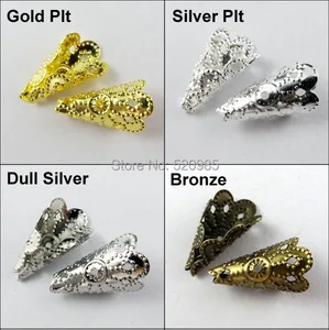 (70 шт. = 1 лот!) Бесплатная доставка, Ювелирная фурнитура 9x16 мм, Полые бусины, заглушки, конусные, золотые, серебряные, блестящие,  BC07