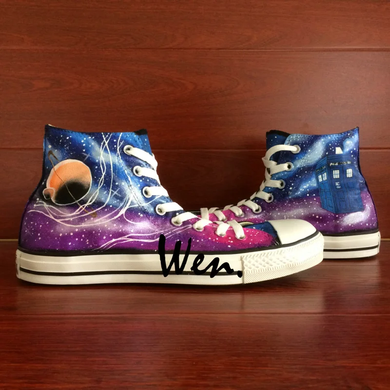 

Wen Design Custom Shoes Hand Painted Canvas Snekaers Doctor Who Tardis Galaxy Space Men Women's High Top Canvas Sneakers Gifts