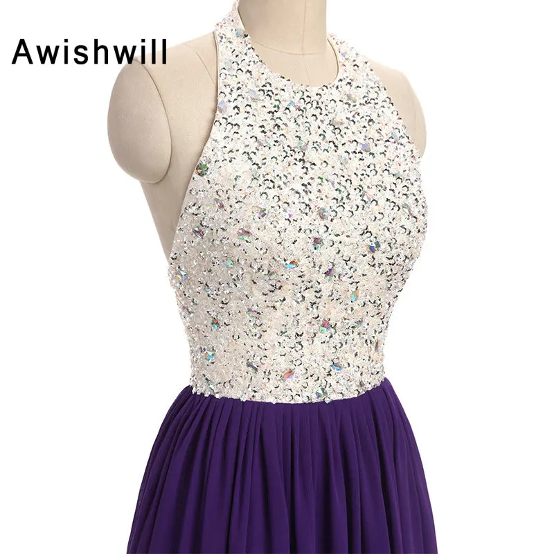 Real Pictures Long Evening Dress Purple Halter A-Line Beadedings Sequined Floor Length Chiffon Formal Party Gown | Свадьбы и