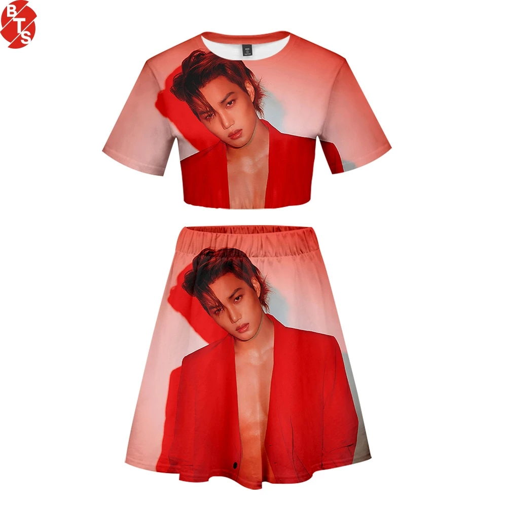 Kpop Bang Store EXO Love Shot 3D Printed Women Two Piece Sets Fashion Summer Short Sleeve Crop Tops+Skirts 2019 Casual Sexy Wear |