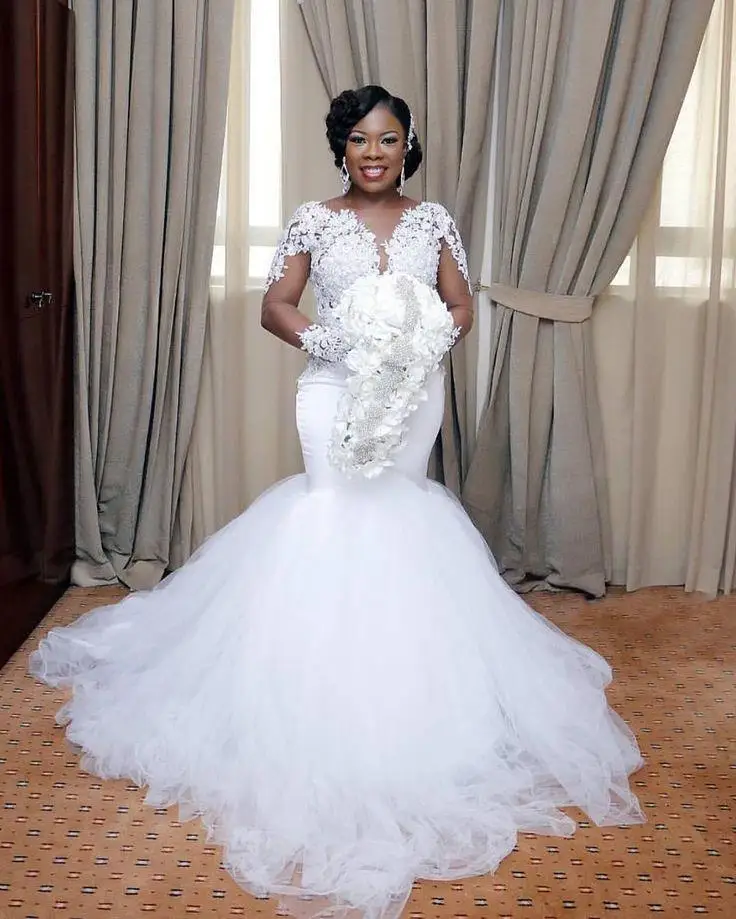

Good Design See Through Lace Mermaid African Wedding Dresses Tulle Court Train Cheap Long Sleeves Bridal Gowns