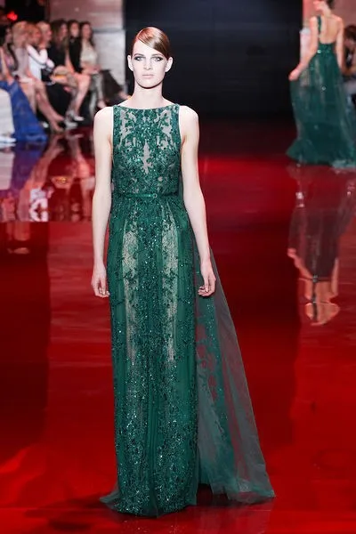 2015 new sexy see through A-Line Beading/Sashes Sheer Bateau Neckline Tulle Floor-Length Elie Saab Green Formal Evening Dresses | Свадьбы и