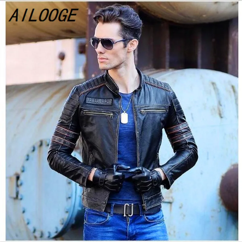 

AILOOGE Free Shipping Gift Clothing Men Skull Leather Jackets Men's Top Genuine Leather Biker Jacket.Motorcycle Homme Fitness
