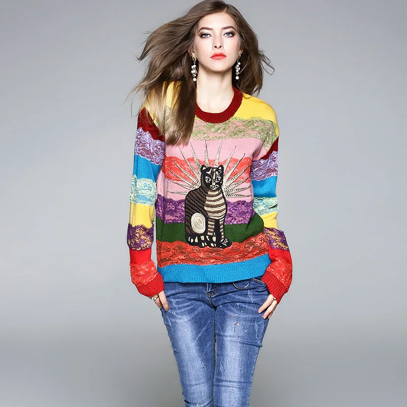 Runway Cat Embroidery Knitted Sweater 2018 Autumn Winter Women Long Sleeve O-Neck Oversized Pullovers Jumper Tops Pull Femme | Женская