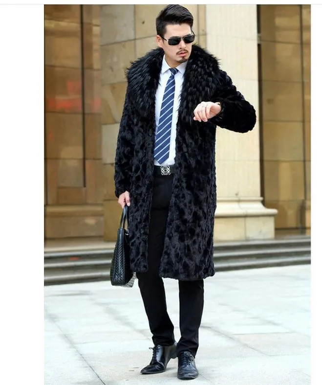 Мужская зимняя шуба из искусственного меха норки повседневная черная длинная