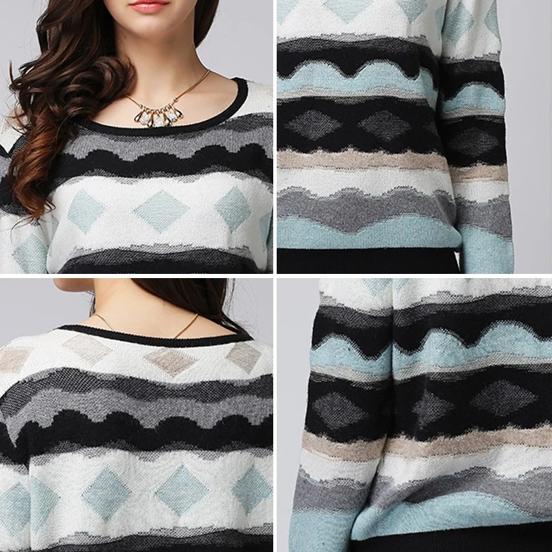 XIKOI Women Sweaters Fashion Casual O-Neck Thick Rhombus Print Pullovers Long Sleeve Computer Knitted Sweater | Женская одежда
