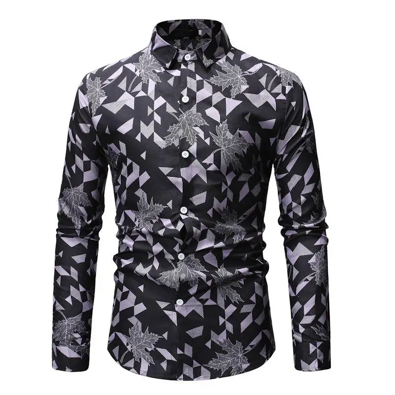 Гавайская рубашка с длинным рукавом Повседневная мужская одежда Slim fit Мужские