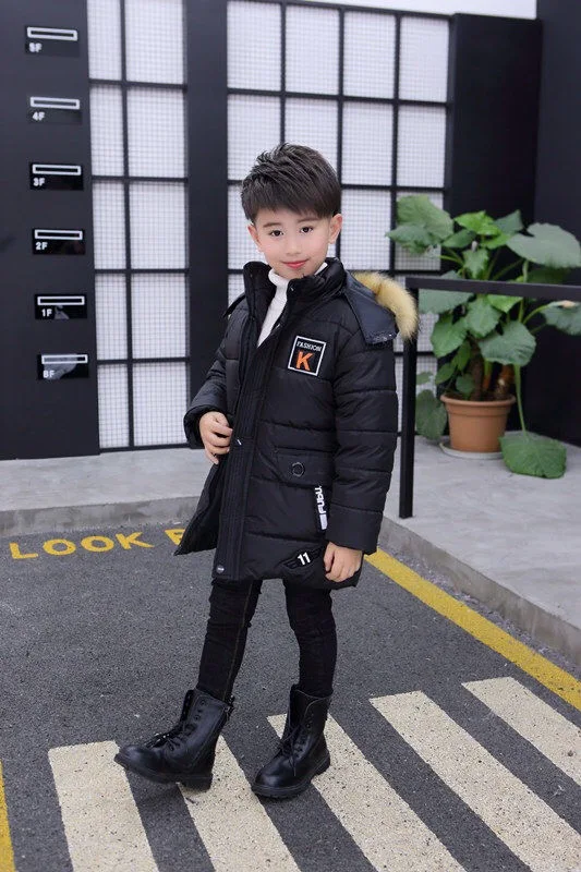 New Winter Kids Jacket For Boys Teenage Fur Hooded Outerwear Parka Thicker Cotton-30 Russia Overcoat Clothes For Children