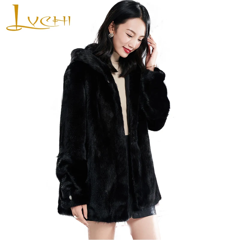 

LVCHI Winter 2019 Real Mink Fur Coats Women's Long Sleeve With Fur Hood Black Mink Coat Full Pelt Button Medium Slim Mink Coats