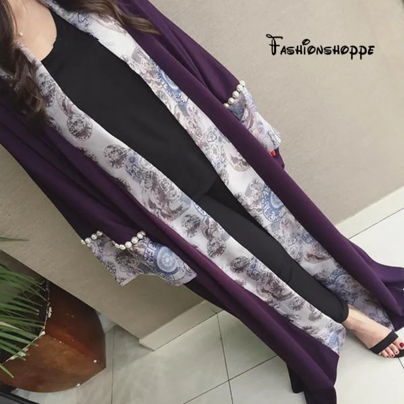 Платье-кардиган с принтом Abaya длинное платье для женщин-мусульманок жемчугом |