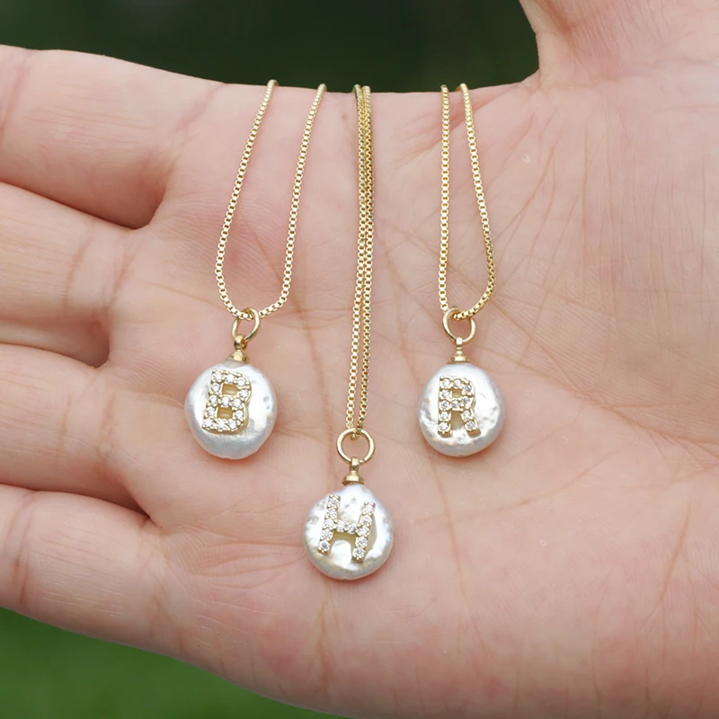 Pave white CZ 26 Алфавит буквы пресноводный жемчуг кулон из золота и серебра Шарм тонкая