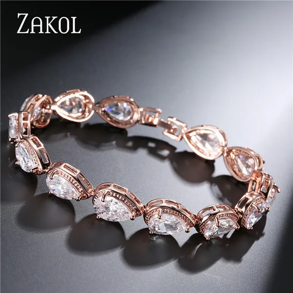 Rose Gold Color ZAKOL Модные женские аксессуары роскошные Кубический Цирконий Капли Воды CZ браслет из натурального камня Свадебные украшения подарок FSBP055 - Окраска металла: Rose Gold Color