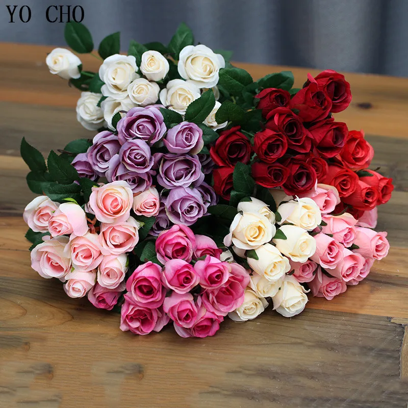 

YO CHO Rose Bouquet Wedding Bridal Decor Flowers Silk Roses Artificial Christmas Plants Flowers Home Party Decoration Fake Roses