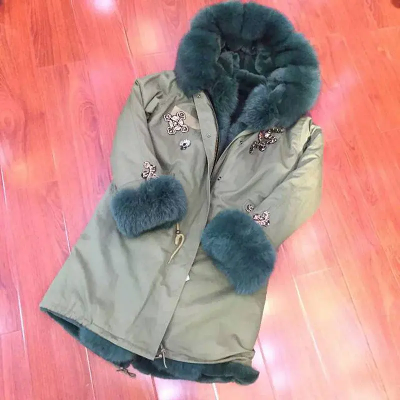 Army Green jacket Dark green fox fur hood &amp cuff with high quality lining faux coat | Женская одежда
