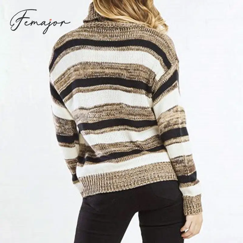 Femajor Women Autumn Winter Turtle Neck Sweater Female 2019 Fashion Stripe Knitted Tops Mujer Loose Long Sleeves Pullover Jumper | Женская