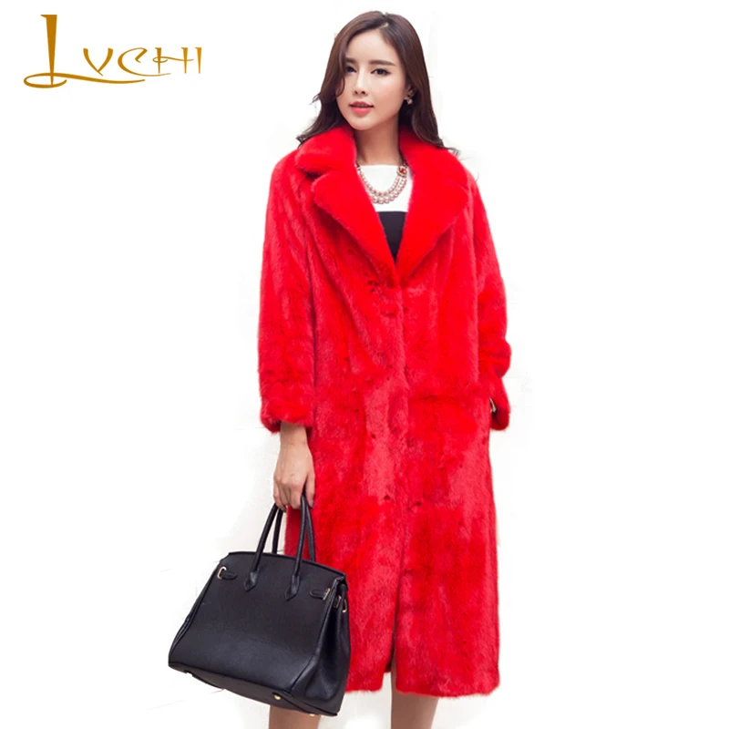 

LVCHI Natural fur Mink Women Lengthened Coats Desgin Belt fur feminine coat office ladies Coat fashion Suit collar Commuter