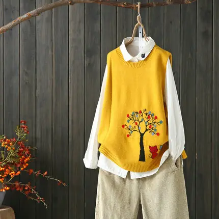Цвет: желтый Sweet Lovely Jacquard Cats Tree Pattern Vest Pullovers Women Yellow Spring Autumn Knitted Waistcoats Sleeveless Vest Tops Tank - Цвет: Цвет: желтый