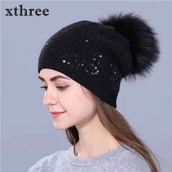 Xthree, зимняя вязаная шапка для женщин, шерстяная шапка, шапочки, 15 см, натуральный мех норки, помпоны, блестящая шапка Skullies, шапка для девочек - Цвет: black