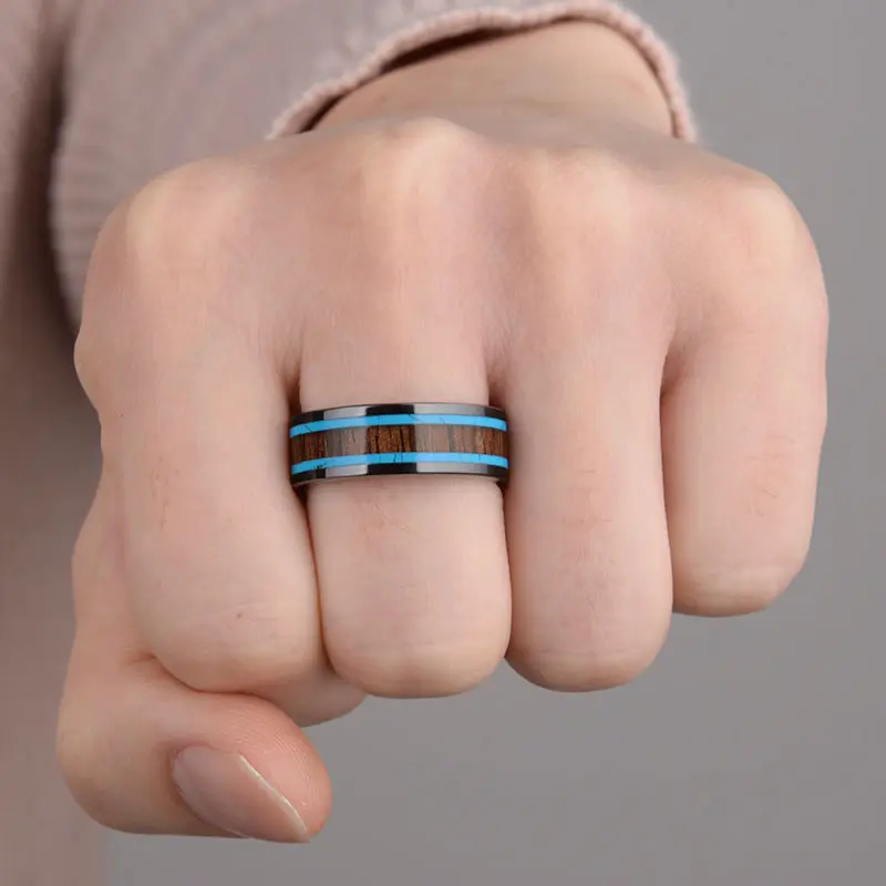 Керамическое кольцо для мужчин черное шириной 8 мм с полированной инкрустацией