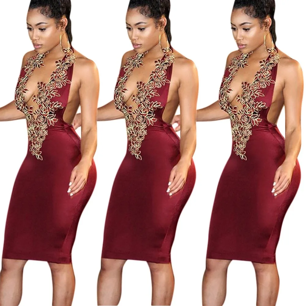 Европа и США Сексуальная висит шеи вышивки шить Slim платье|slim dress|united statesdress dress |