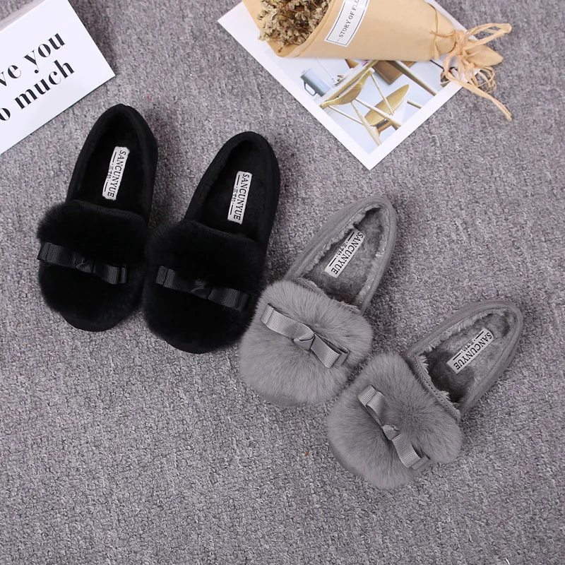 Cute Princess Shoes Velvet Bowknot Girls Flat Real Rabbit Hair Baby Loafers Kids Warm Slip on Childrens Winter | Детская одежда и