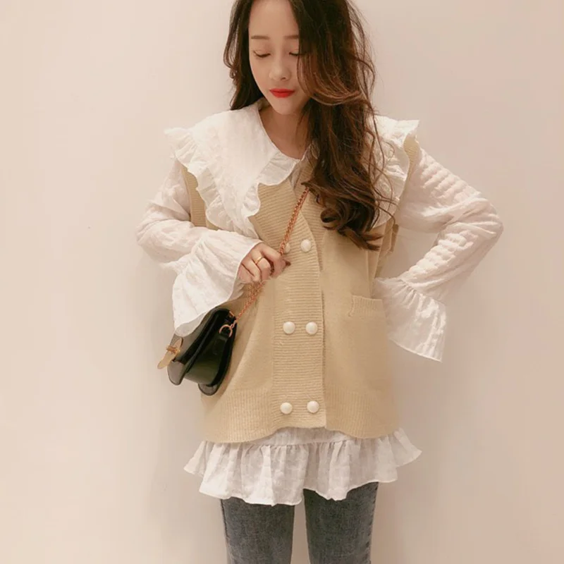 Korean Spring Autumn Long Sleeve White Shirts Women Flare Sleeve Kawaii Big Peter pan Collar Ruffle Blouse Knitted Vest Sets