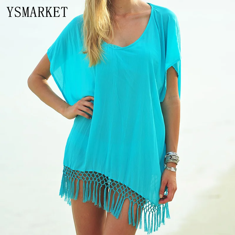 New Chiffon Beach Tunic Women Beachwear Female Sexy Summer Bikini Cover Up Solid Colors Hollow Out Tassel Mini Dress S1568 |