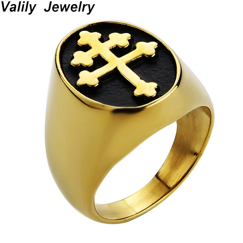 EdgLifU Lorraine Cross Ring Gold Silver Color Titanium Stainless Steel Crux Vera Cross Rings for Men Punk Jewelry Drop Shipping