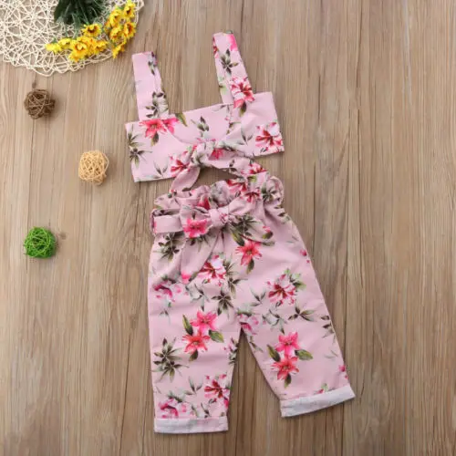 

2pcs Summer Kid Baby Girl Bow Floral Crop Top Vest+Bowknot Pants Outfits Set