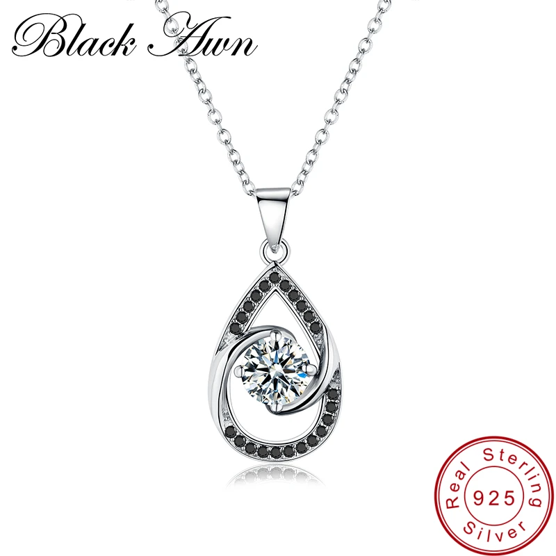 

[BLACK AWN] Fine Genuine 100% 925 Sterling Silver Jewelry Necklaces Pendants Trendy Water-Drop Necklace for Women P078