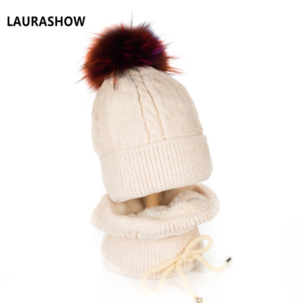 Lavashow 1 комплект для взрослых зимняя шапка с шарфом 15-16 см мяч из натурального меха енота помпоны шапка вязаная шапка Skullies женские шапочки