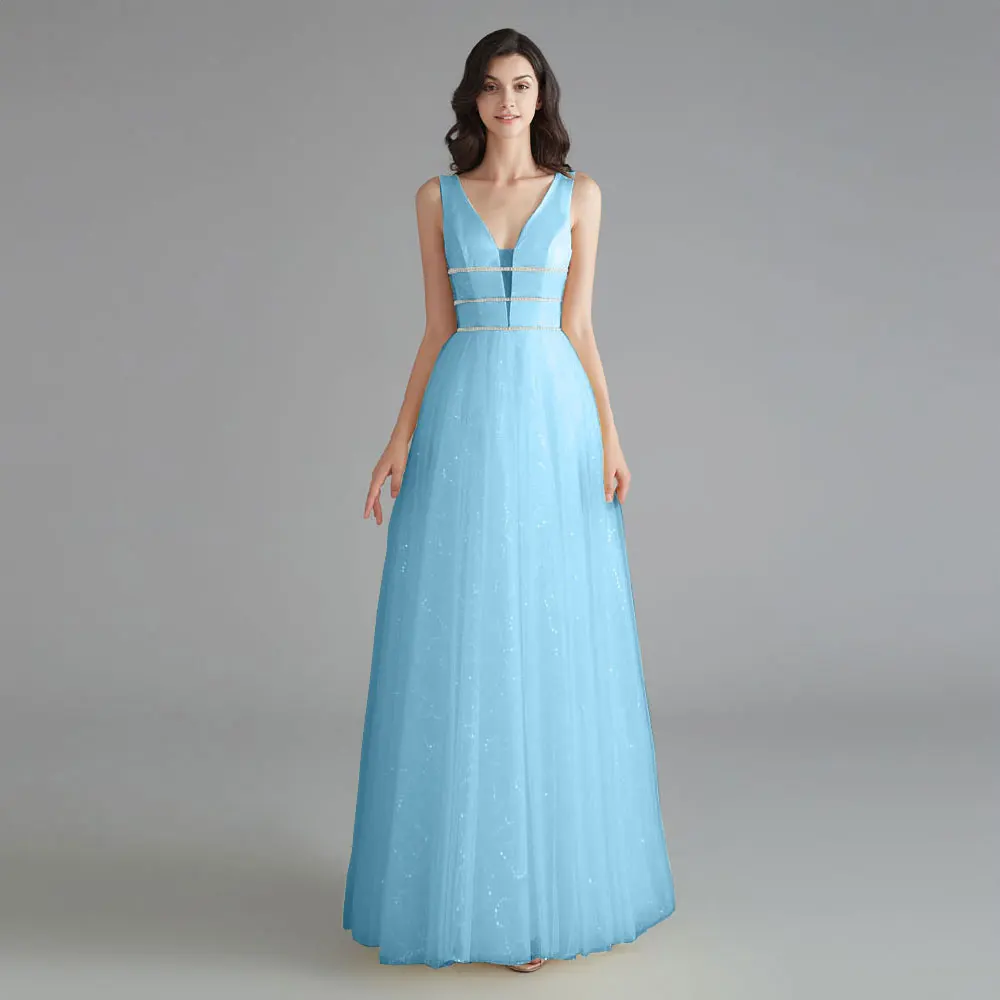 Light Blue Милые женские вечерние платья Длинное сценическое платье для церемонии Новогоднее торжественное вечернее платье Блестящее платье с глубоким V-образным вырезом - Цвет: Light Blue