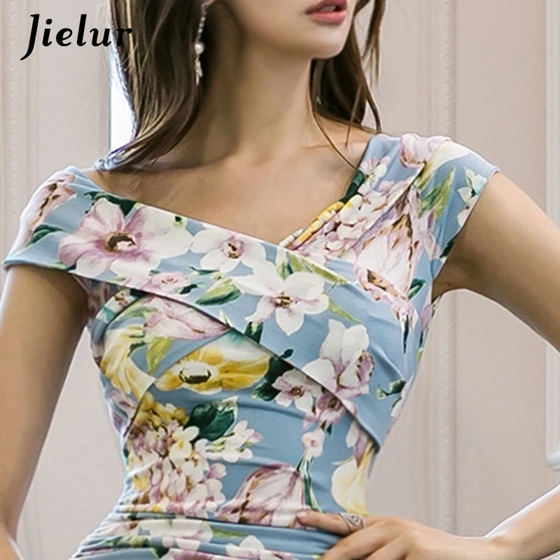Jielur женское платье цветочный принт тонкие платья без рукавов Femme v образный вырез