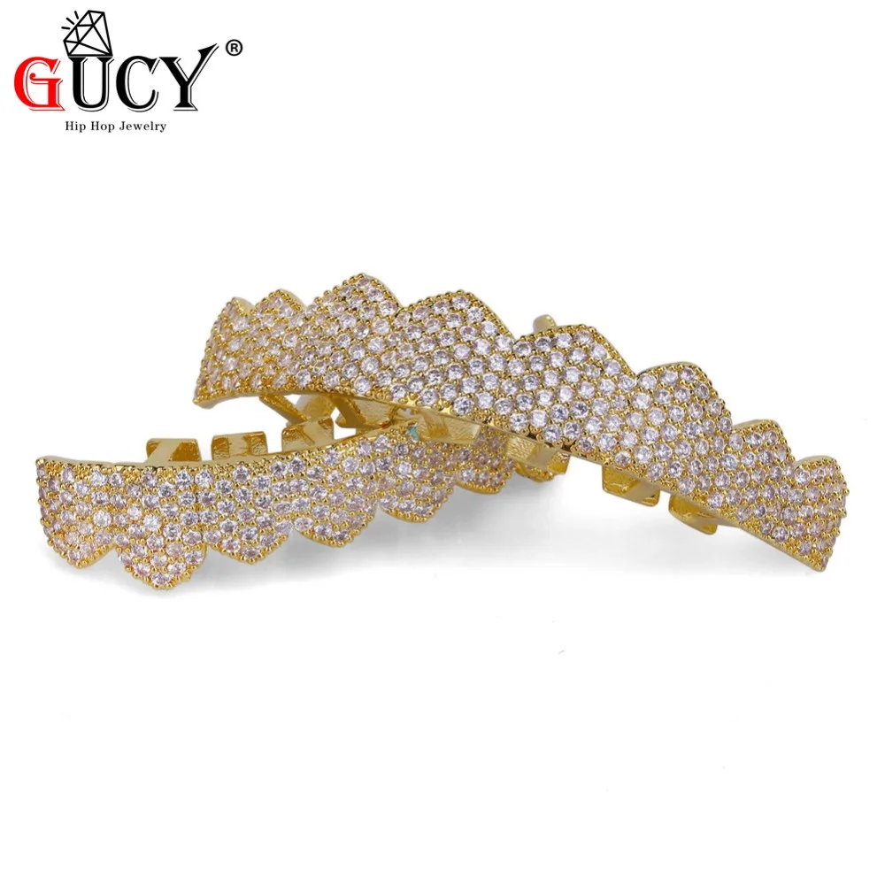 GUCY Custom Fit цвета: золотистый, серебристый все льдом хип-хоп ЗУБЫ Grillz микро Pave кубический циркон восемь верхних и нижних зубов грили набор
